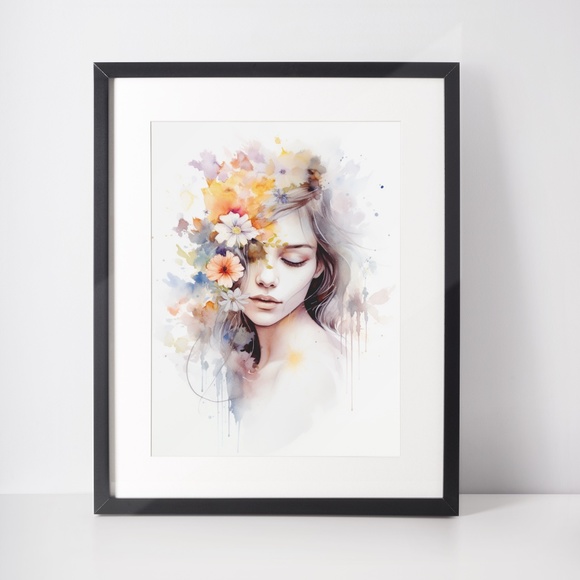 Watercolor Woman With Flowers Portrait Wall Art Illustration Print Unframed - Picture 2 of 5